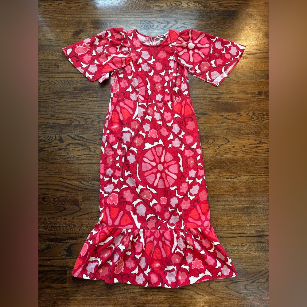 Rhode Zinnia floral red dress linen blend size 12 oversized sleeve